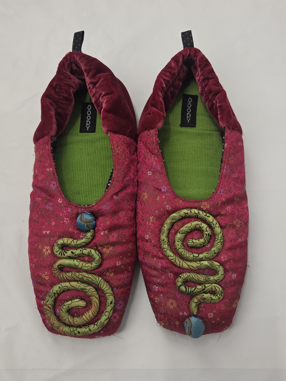 Goody Goody Bon Bon Vintage Quilted Velvet Slippers Pink Green Boho 8.5 9